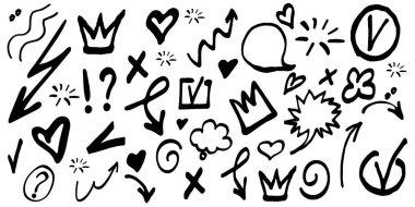 El çizimi elementlerin vektör karalama kümesi. Ok, kontrol işareti, işaretler, kalp, aşk, konuşma balonu, taç, girdap, kalp, izole beyaz arka plan
