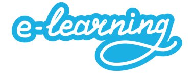 E-öğrenme. Eğitim, öğrenme, dersler, eğitim konsepti. Logo, rozet, poster, afiş şablonu. Harf çizimi illüstrasyonu. Beyaz arkaplanda izole edilmiş metin içeren el yazısı fırça sticker 'ı vektör olarak alır