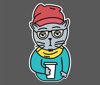 Gözlüklü hippi kedi, kıyafetler, şapka, atkı, kahve içen süveter. Tişört, sweatshirt, pankart, poster kartı için düz stil çıkartması