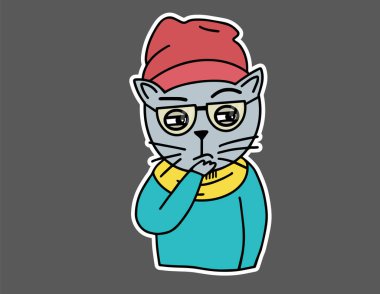 Düşünceli kedi hippisi. Gözlüklü, elbiseli, şapkalı, eşarplı ve kazaklı bir kedi. Tişört, sweatshirt, pankart, poster kartı için düz stil çıkartması