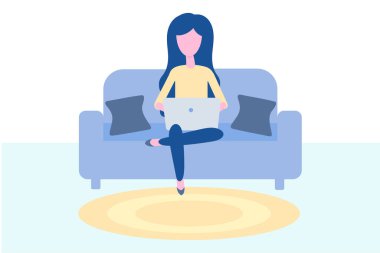Kanepede dizüstü bilgisayarla oturan serbest çalışan bir kadın. Evde çalışma kavramı, online eğitim, eğitim, alışveriş. Beyaz arkaplanda izole edilmiş vektör düz illüstrasyon