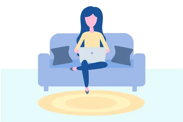 stock vector Woman freelancer sitting on the sofa with a laptop. Concept of working at home, online training, education, shopping. Vector flat illustration isolated on a white background