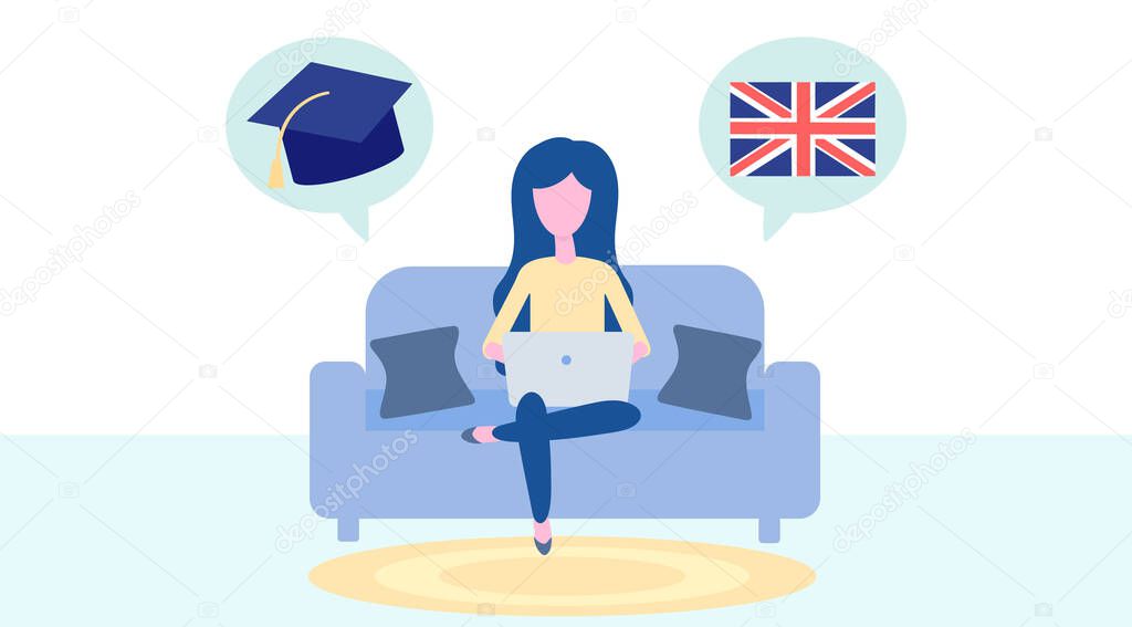Online English Learning, distance education concept. Language training and courses. Woman student studies foreign languages on a website in a laptop. Vector in flat design