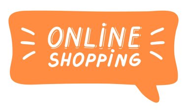 Çevrimiçi alışveriş konsepti, yazı çizimi. Sancaklar, şablonlar, kartpostallar için beyaz arkaplanda izole edilmiş yazı içeren el fırçası modasına uygun turuncu etiketi taşıyıcıya verir