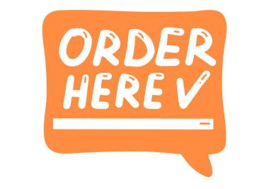 Burada düzen, yazı çizimi çizimi. Sancaklar, şablonlar, kartpostallar için beyaz arkaplanda izole edilmiş yazı içeren el fırçası modasına uygun turuncu etiketi taşıyıcıya verir