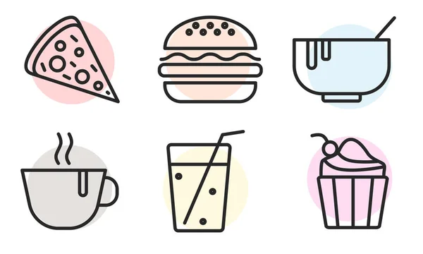 Set Iconos Comida Hamburguesa Pizza Magdalena Sopa Café Bebida Icono — Vector de stock