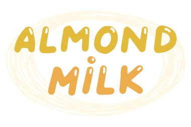 Badem sütü. Logolar, etiketler, rozetler, çıkartmalar için vektör ögesi. Beyaz arkaplanda vektör illüstrasyon izolasyonu. Organik, eko, sağlıklı yiyecekler.