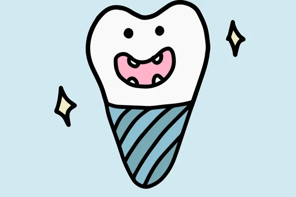 かわいい漫画歯科インプラント歯 白地に隔離された手描きの線画ドアベクトルイラスト 口腔ケアの概念 — ストックベクタ