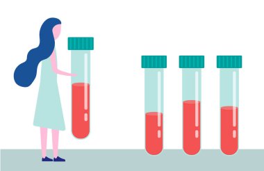 Blood test, dna test, medical examination. Woman carries a test tube with blood. The concept of medicine, examination, and analysis. Vector illustration in a flat style clipart