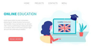 İniş sayfası şablonu. Çevrimiçi İngilizce öğrenme, uzaktan eğitim kavramı. Dil eğitimi ve kurslar. Kadın öğrenci bir dizüstü bilgisayarda bir web sitesinde yabancı diller öğreniyor. Düz tasarımda vektör
