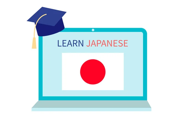 Aprendizaje japonés en línea, concepto de educación a distancia. Formación lingüística y cursos. Estudiar idiomas extranjeros en un sitio web en una computadora portátil. Vector en diseño plano. — Archivo Imágenes Vectoriales