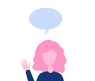 Kadın konuşuyor ve el sallıyor. Konuşma baloncuğu. İletişim ve sohbet konsepti. Beyaz arkaplanda izole edilmiş vektör illüstrasyon düz tasarımı.