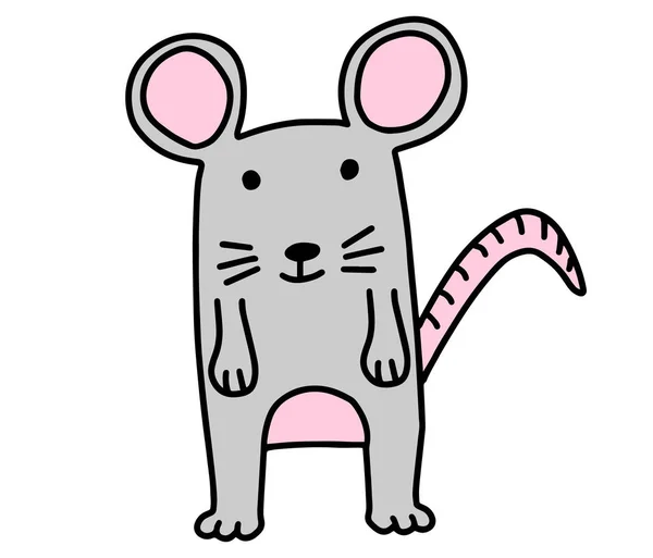 Kleines Graues Doodle Maus Handgezeichnete Linien Cartoon Charakter Vektor Illustration — Stockvektor