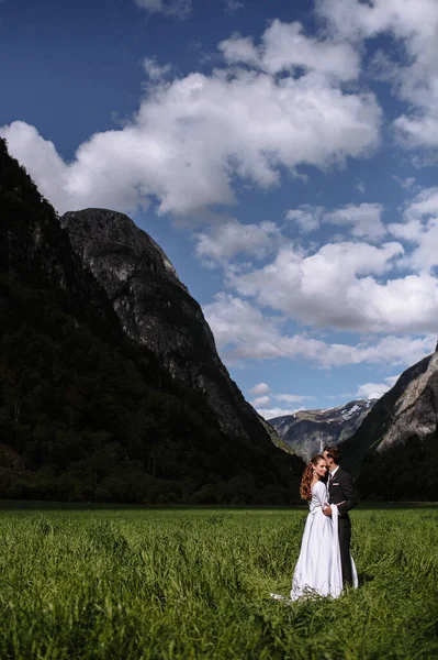 Omfamna Nygifta Stående Den Gröna Saftiga Gräs Mot Bakgrund Bergen — Stockfoto