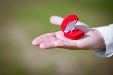 Bir adamın elinde alyans olan bir kutu. Ellerinizi ve kalplerinizi gösterin.