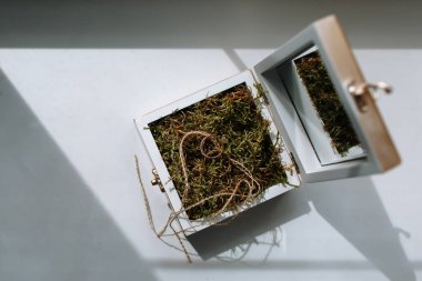 Altın alyanslar el yapımı beyaz bir kutuda duruyor.