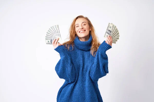 Young Joyful Blonde Girl Blue Sweater White Background Dollars Money — Stock Photo, Image