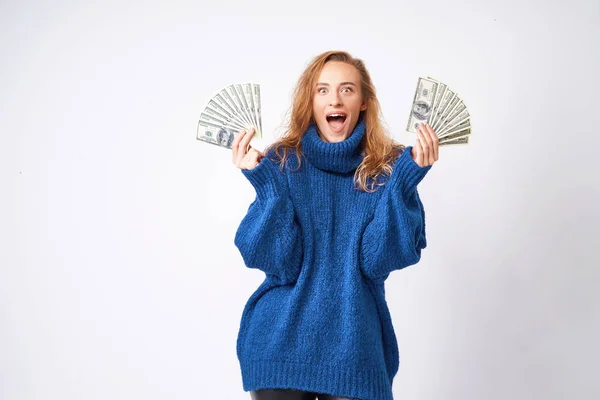 Young Women Joyful Blonde Girl Blue Sweater White Background Dollars — Stock Photo, Image