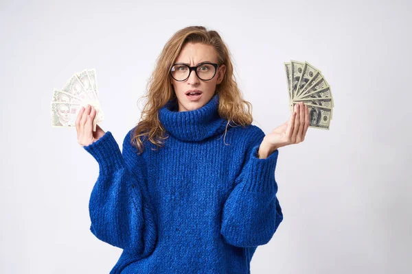 Surprised Girl Looks Straight Camera Dollars Hryvnia Money Hand — Stock Photo, Image