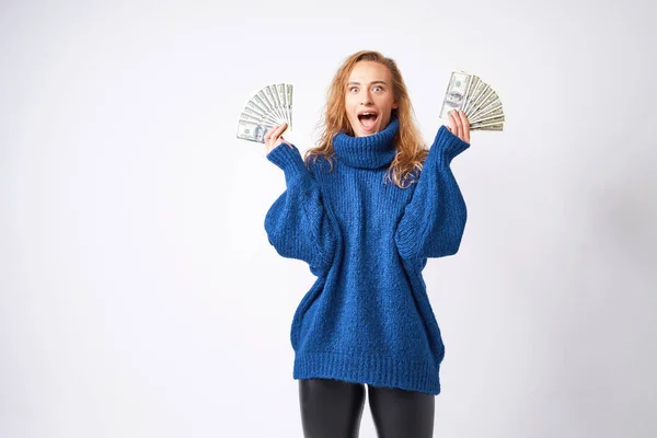 Young Joyful Blonde Girl Blue Sweater White Background Dollars Money — Stock Photo, Image