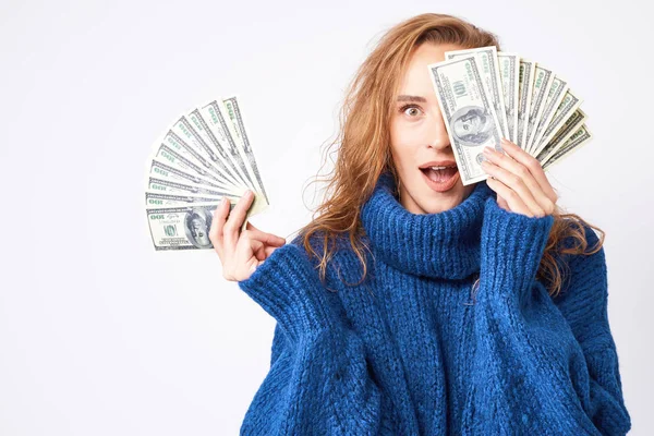 Young Joyful Blonde Girl Blue Sweater White Background Dollars Money — Stock Photo, Image