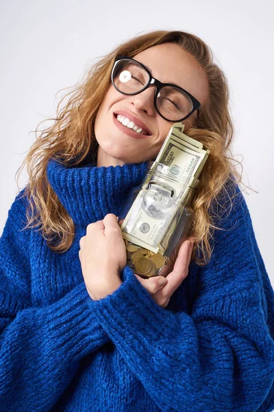 Happy Woman Hugging Piggy Bank Her Savings Her Hands White — Stock Photo, Image