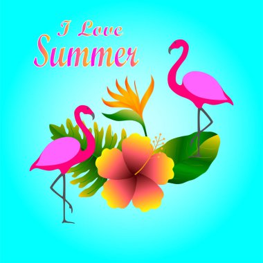 Summer 'ı seviyorum, tropikal yapraklar çiçek ve flamingoyla