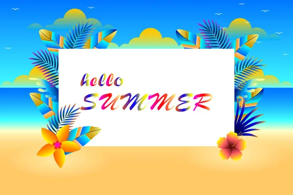 Olá Verão Praia Tropical Com Folhas Coloridas Ilustração Vetorial —  Vetores de Stock