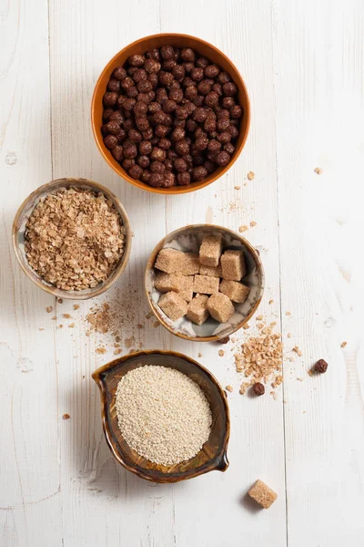 Flocos Açúcar Sementes Semi Cozinheiro Para Mingau Cereal Perto Chave — Fotografia de Stock