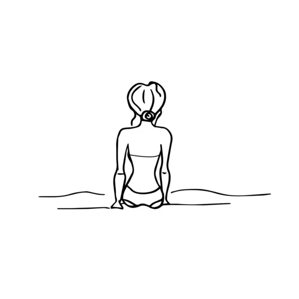 소녀는 바다에 Vector Doodle 수영복을 해변에서 머리에 소녀를 그림이다 배경에 — 스톡 벡터