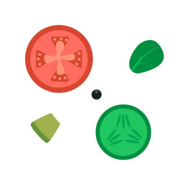 Beyaz bir arka planda salata malzemeleri seti. Salatalık, domates, avokado dilimleri. Karabiber..