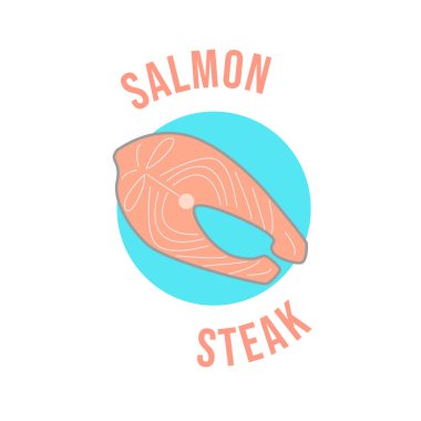 Somon bifteğinin logosu. Donmuş balık ambalajı için somon logosu, menü, beyaz arka planda restoran