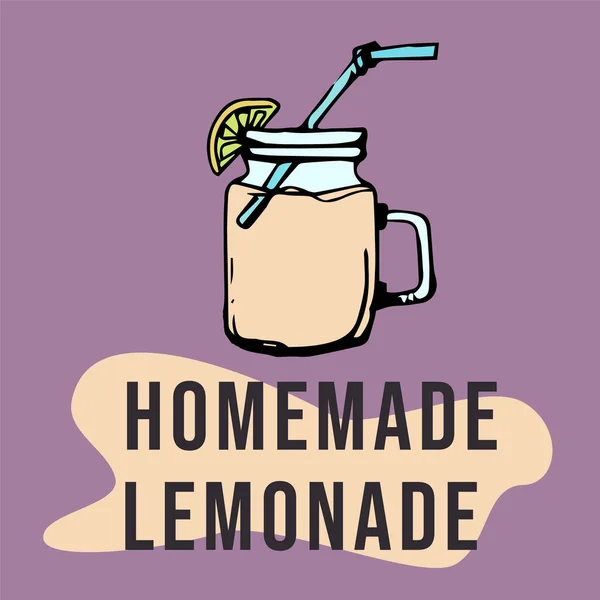 一个标牌与文字自制柠檬水 用紫色底座上的手柄和管子在玻璃杯中打滑 — 图库矢量图片