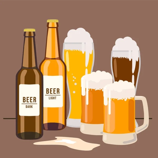 Klaar Voor Internationale Bierdag Vector Illustratie Van Lichte Donkere Bierflessen — Stockvector