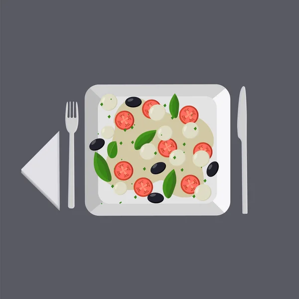 Griekse Salade Een Vierkant Bord Met Mes Vork Servet Een — Stockvector