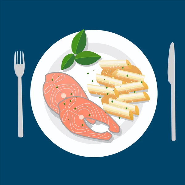 Filete Salmón Con Pasta Queso Albahaca Almuerzo Cena Filete Pescado — Vector de stock