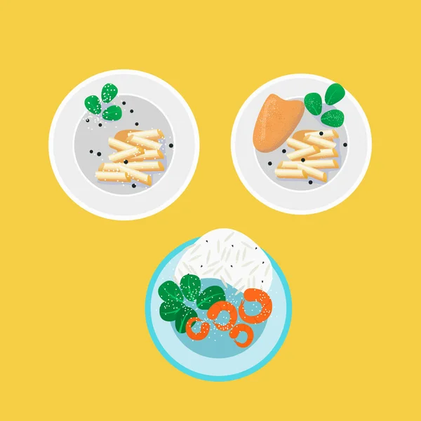 Conjunto Platos Que Consisten Pasta Con Albahaca Filete Pollo Camarones — Vector de stock