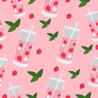 Çilekli milkshake ile kusursuz desen. Çilekli kokteyl bardağı ve pembe arka planda bir pipet.