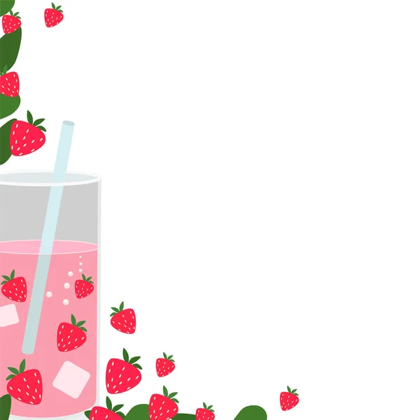 Cornice Nell Angolo Sinistro Con Cocktail Rosa Fragole Foglie Sfondo — Vettoriale Stock