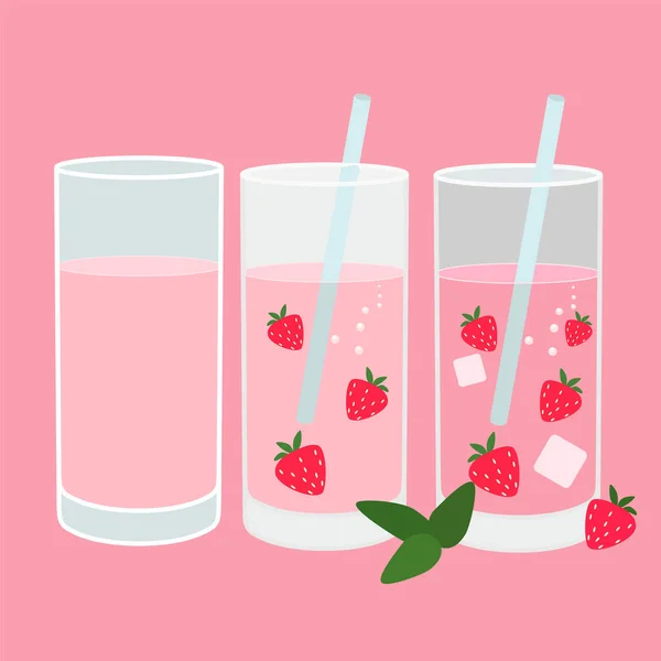 Imagen Tres Vasos Con Cóctel Rosa Fresas Tubo Cóctel Hielo — Vector de stock