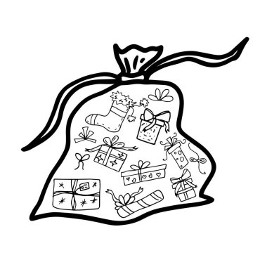 Noel Baba 'nın çantasındaki yılbaşı hediyelerinin taslağı..