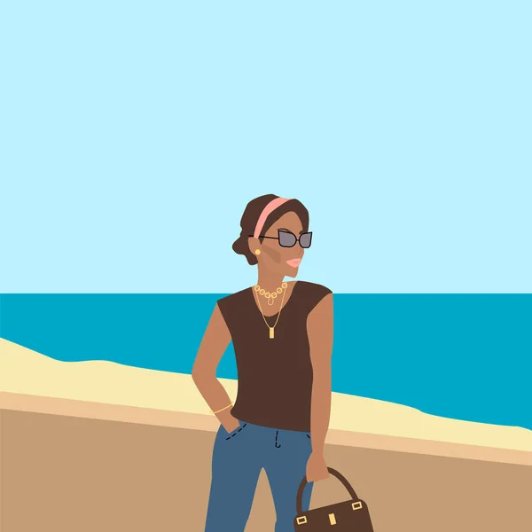 Иллюстрация Путешествующей Женщины Девушка Пляже Женщина Берегу Песчаного Пляжа Моря — стоковый вектор