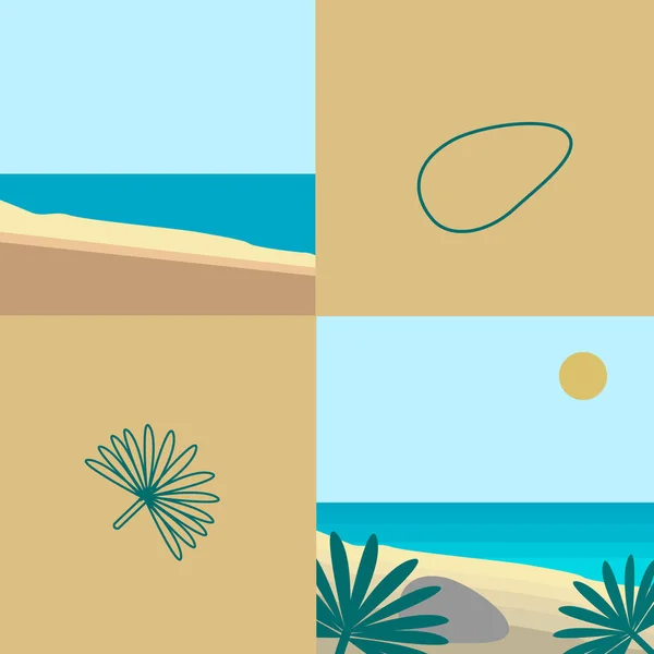 Набор Пейзажей Морем Песком Комплект Иллюстраций Пляжем Морем Море Солнце — стоковый вектор