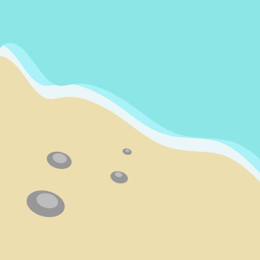 Kum, birkaç kaya ve deniz olan bir sahilin vektör çizimi. Deniz kıyısı ve okyanus gelgitlerinin düz çizimi.