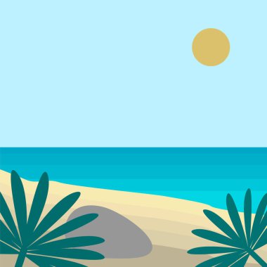 Deniz kıyısının vektör manzarası. Deniz, okyanus, kumlu sahil, palmiye ağaçları ve güneş. Okyanus kıyısının düz çizimi