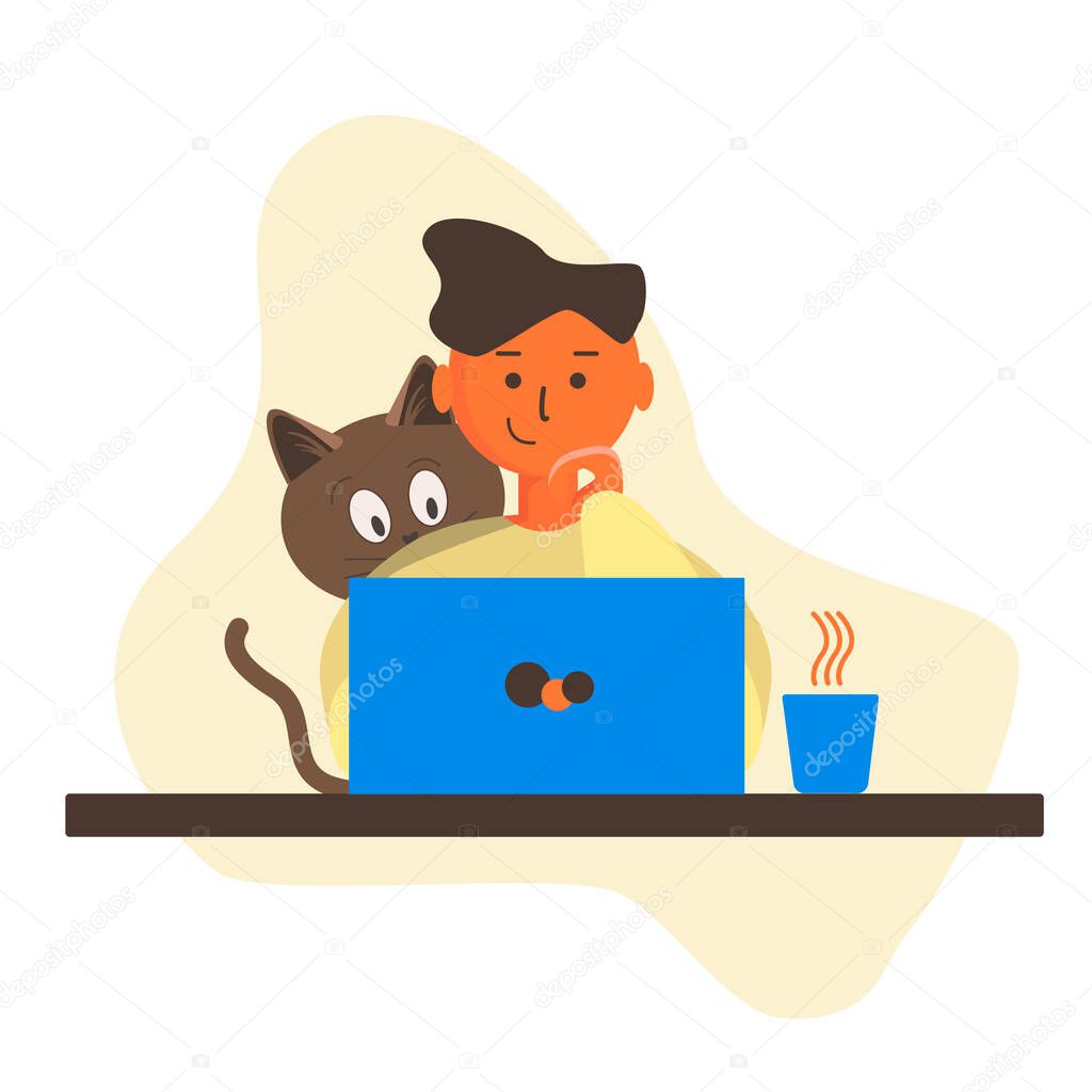 A man is sitting at a Desk working on a laptop. Cat sitting with a guy in front of a laptop