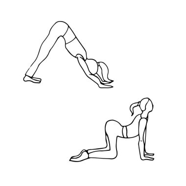 Yoga ve meditasyon yapan iki kızın çizimi. Vektör illüstrasyonu.