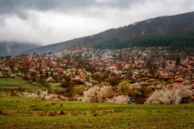 Bulgaristan 'ın Zheravna kentinde bahar manzarası. Bulgaristan 'ın yeniden canlanma döneminden kalma kırsal evlerin ve dar kaldırımlı sokakların mimari rezervleri.