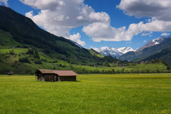 Idyllisch landschap in de Alpen in de lente met traditionele berghut en frisse groene bergweiden met bloeiende bloemen op een prachtige zonnige dag. Oostenrijk, Europa. — Stockfoto