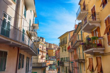 Manarola 'da güneşli bir günde ana cadde boyunca uzanan renkli evlerin resimli görüntüsü. Manarola, Cinque Terre 'deki beş ünlü köyden biridir. Liguria, İtalya, Avrupa